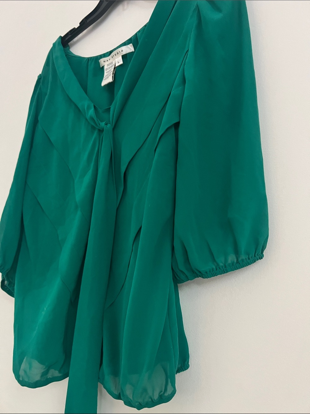 Max Studio Emerald Green Pleated Tie-Neck Blouse - Picture 5 of 8